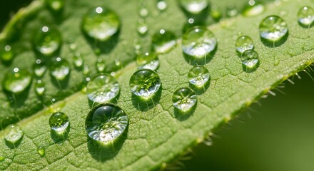 Close-up of Sparkling Water Droplets on a Green Leaf, Capturing Natural Beauty and Freshness