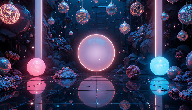 Futuristic Abstract Neon Light Art Installation with Glowing Spheres and Digital Elements