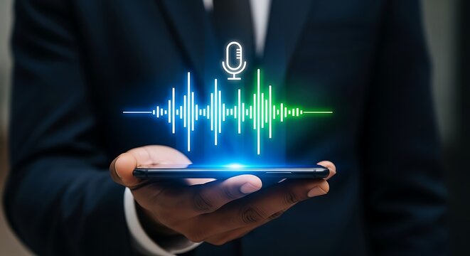 Man holding smartphone displaying audio waveform and microphone icon