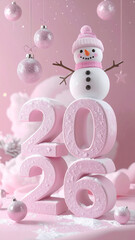 A 3D New Year's sign with the number 2026, decorated with Christmas tree decorations and a snowman, all in pink tones.