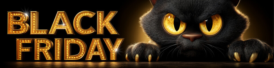 Close-up of a fierce black cat with glowing golden eyes and sharp claws stands beside a bright gold “BLACK FRIDAY” sign on black background, in a dark, cinematic Halloween atmosphere. Generative AI.