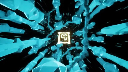 Technology Digital Network: Abstract Futuristic Cyberspace Data Tunnel with Glowing Blue Crystals and Central Luminous Symbol - Powered by Adobe