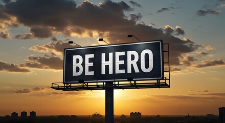 Motivational Billboard at Sunset with a be Hero Message
