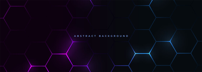 Dark hexagon abstract technology background with blue and pink colored bright flashes under hexagon. Hexagonal gaming wide vector abstract tech background.