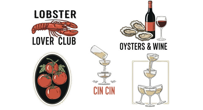 Elegant Lobster, Oyster, Tomato, and Champagne Graphic Collection for Lovers of Fine Food and Drink