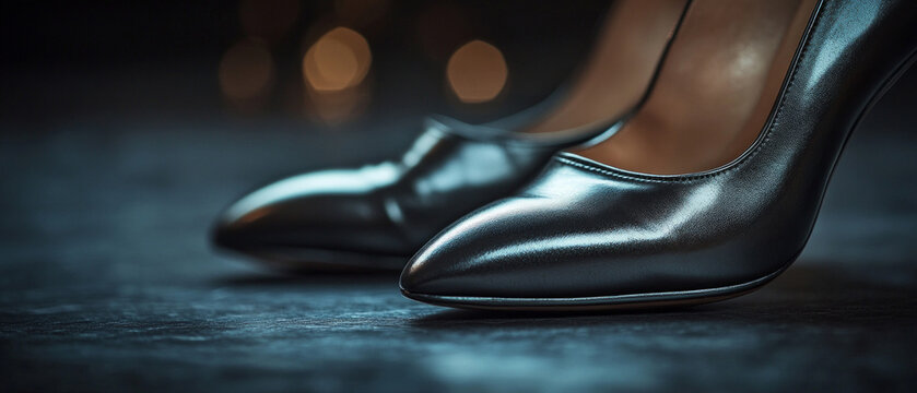 Shiny women's shoes against a dark background embody luxury and style, creating an elegant atmospheric backdrop for fashion magazines or accessory advertisements.