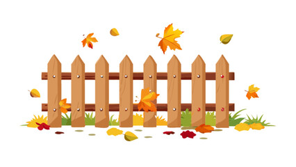 Fall season fence with autumn leaves vector illustration seasonal outdoor background landscape for design