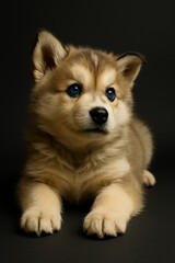 Fluffy malamute puppy lying down with blue eyes (JPEG 300DPI 7200x10800)