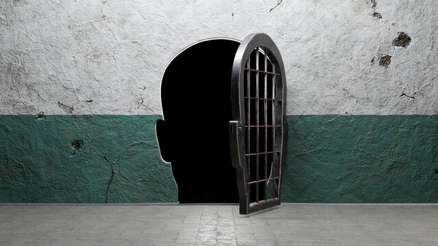 Human head shaped prison door open in a cracked wall, symbolizing liberation from mental confinement and escape from inner limits, 3d render