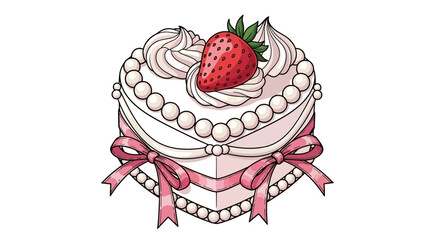 Heart-Shaped Strawberry Cake Illustration with Pearl Decor