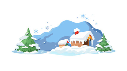 Winter landscape with snowy houses christmas trees and snowflakes vector illustration design art