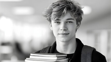 Black and white portrait of an intelligent young male student holding a stack of books and wearing a backpack in a school or university environment conveying focus and academic life