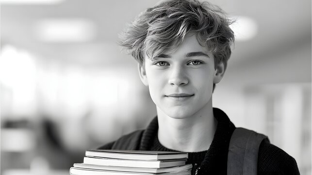 Black and white portrait of an intelligent young male student holding a stack of books and wearing a backpack in a school or university environment conveying focus and academic life