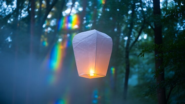 Floating sky lantern glowing in misty forest with rainbow light flares
