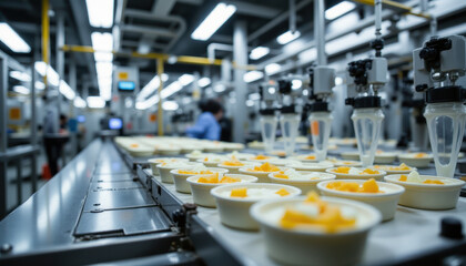 Obraz premium Fruit dessert cup factory production line automation food processing modern industrial yellow fruit plastic container efficiency technology and freshness describe busy efficient and clean food