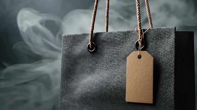 A dark textured shopping bag with rope handles and a blank brown tag is set against a smoky dark background