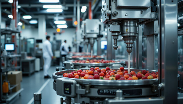 Large stainless steel machines process fresh strawberries in modern food factory, with workers in lab coats monitoring production, creating clean, efficient, and innovative atmosphere