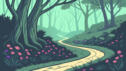 Cartoon forest path illustration with trees flowers and winding road for nature backgrounds and designs