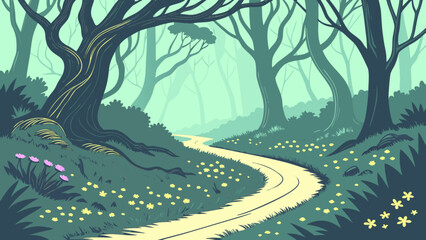 Enchanted forest path illustration vector art landscape background nature scene trees and flowers drawing