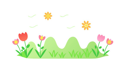 Cute spring flower garden illustration with flowers, grass, and suns for graphic design projects and backgrounds
