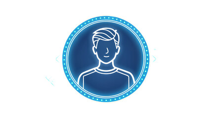 Glowing blue neon user profile avatar icon showing a young man inside a circular frame isolated on transparent background
