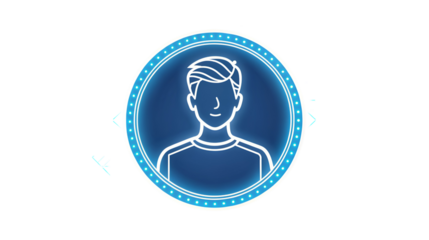 Glowing blue neon user profile avatar icon showing a young man inside a circular frame isolated on transparent background