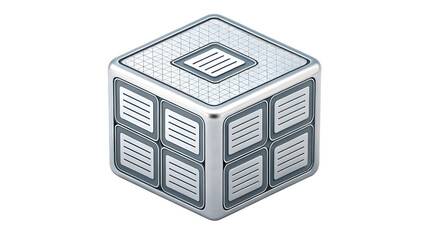 Futuristic metallic 3D data cube structure symbolizing database management and cloud computing isolated on transparent background