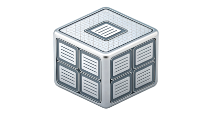 Futuristic metallic 3D data cube structure symbolizing database management and cloud computing isolated on transparent background