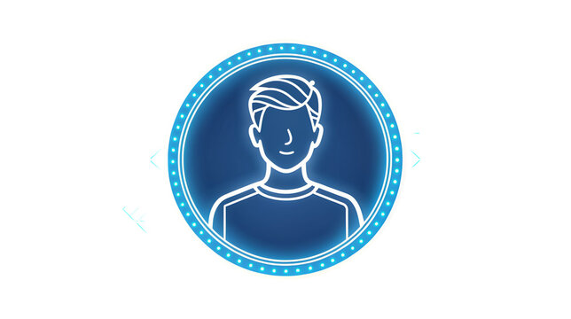 Glowing blue neon user profile avatar icon showing a young man inside a circular frame isolated on transparent background