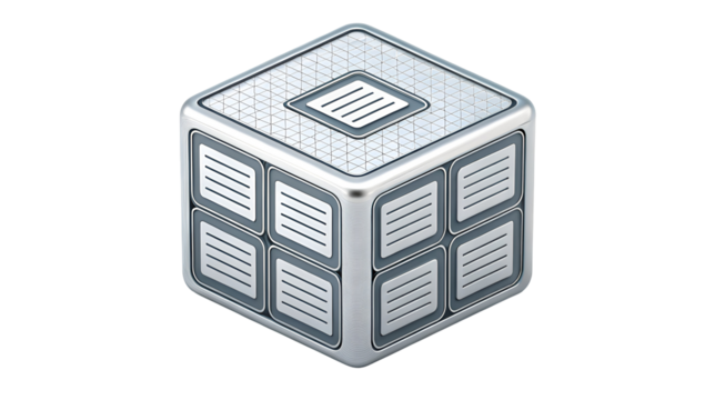 Futuristic metallic 3D data cube structure symbolizing database management and cloud computing isolated on transparent background - Powered by Adobe