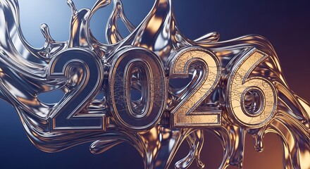 Liquid metal 2020 numbers gleaming with reflective surfaces and dynamic flowing textures