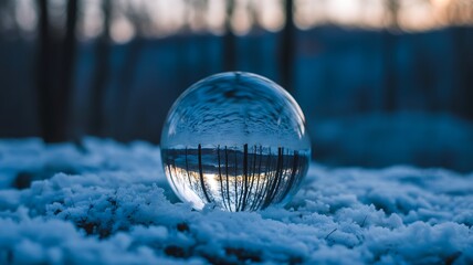 Crystal sphere resting on snowy forest ground in cold winter light
