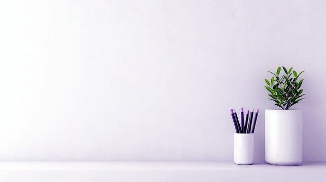 A clean and organized desk surface displays a small green plant in a white pot and a holder filled with pencils, set against a plain, light-colored wall.