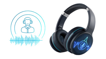Modern black over-ear headphones with neon blue lighting next to a digital audio streaming icon isolated on transparent background