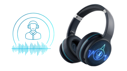 Modern black over-ear headphones with neon blue lighting next to a digital audio streaming icon isolated on transparent background