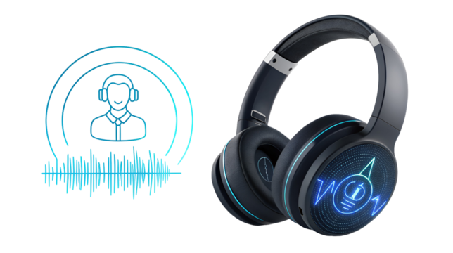 Modern black over-ear headphones with neon blue lighting next to a digital audio streaming icon isolated on transparent background