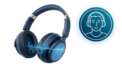 Modern dark blue over-ear headphones featuring neon light effects and a user profile icon, isolated on transparent background