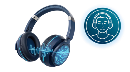 Modern dark blue over-ear headphones featuring neon light effects and a user profile icon, isolated on transparent background