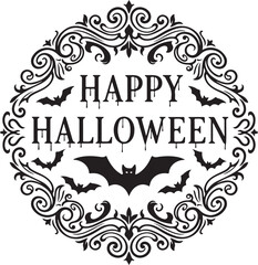 Happy halloween text with flying bats in ornate circular frame