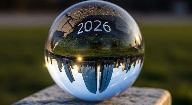 A crystal clear orb reflecting the year 2026 and a vibrant cityscape at sunset symbolizing future possibilities