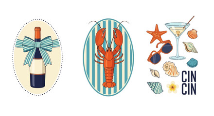 Summer beach icons wine, lobster, cocktail, starfish, shells, sunglasses, and Cin Cin greeting