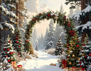 The winter forest is decorated with a Christmas arch of spruce branches, berries, and decorations. Decorated trees and gifts in the snow line both sides. The calm, sunny weather creates a festive atmo