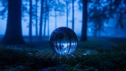 Crystal sphere glowing in blue misty forest with futuristic light grid
