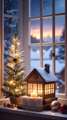 A small decorated Christmas tree and a lantern-shaped house with glowing candles sit on the windowsill. Outside, a winter evening, snow, and house lights illuminate the sky. 