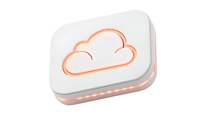 White 3D cloud storage device or smart home hub with glowing orange light and modern design isolated on transparent background