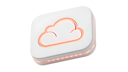 White 3D cloud storage device or smart home hub with glowing orange light and modern design isolated on transparent background