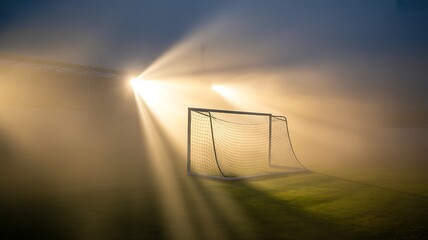 Foggy soccer goal illuminated by powerful stadium lights at night