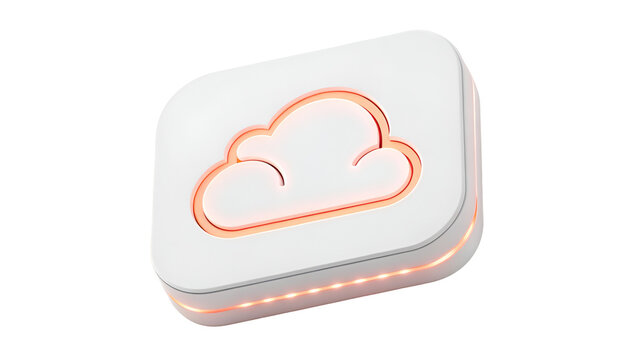 White 3D cloud storage device or smart home hub with glowing orange light and modern design isolated on transparent background