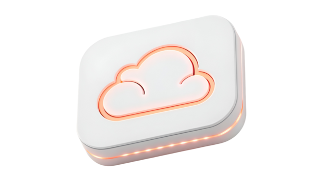 White 3D cloud storage device or smart home hub with glowing orange light and modern design isolated on transparent background