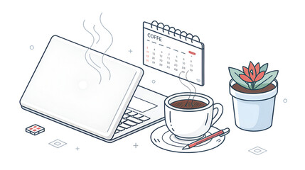 Work from home station with laptop, hot coffee, calendar, and potted plant in a modern outline style isolated on transparent background